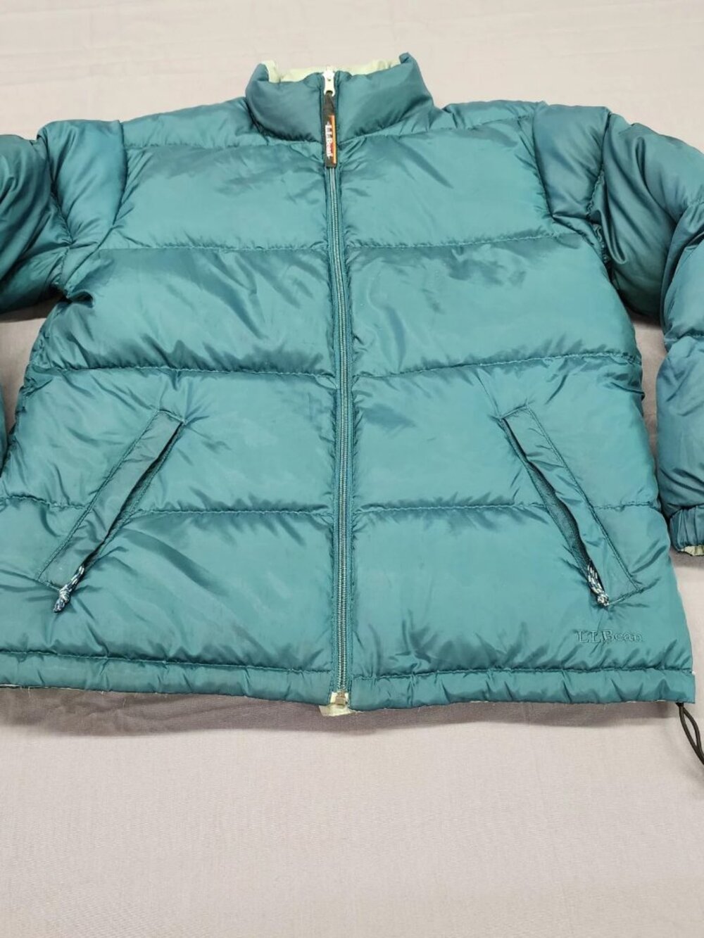 L.L.Bean Womens M Reversible Puffer Jacket Teal Mint Goose Down Full Zip